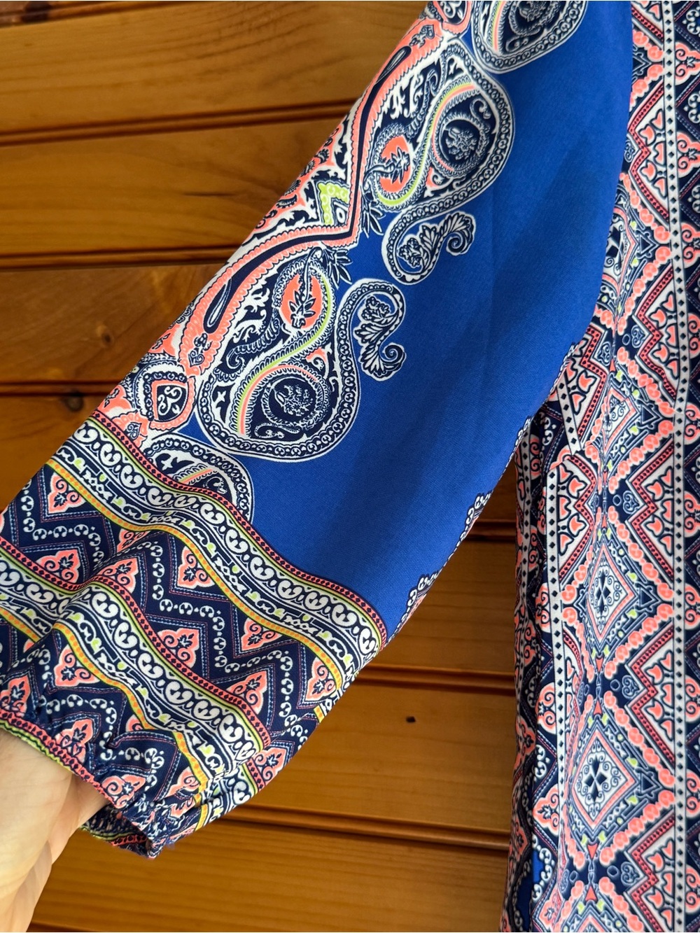 Boho Paisley Tunic Blouse M Blue Coral 70s Hippie Festival Pink Owl - Picture 3 of 10